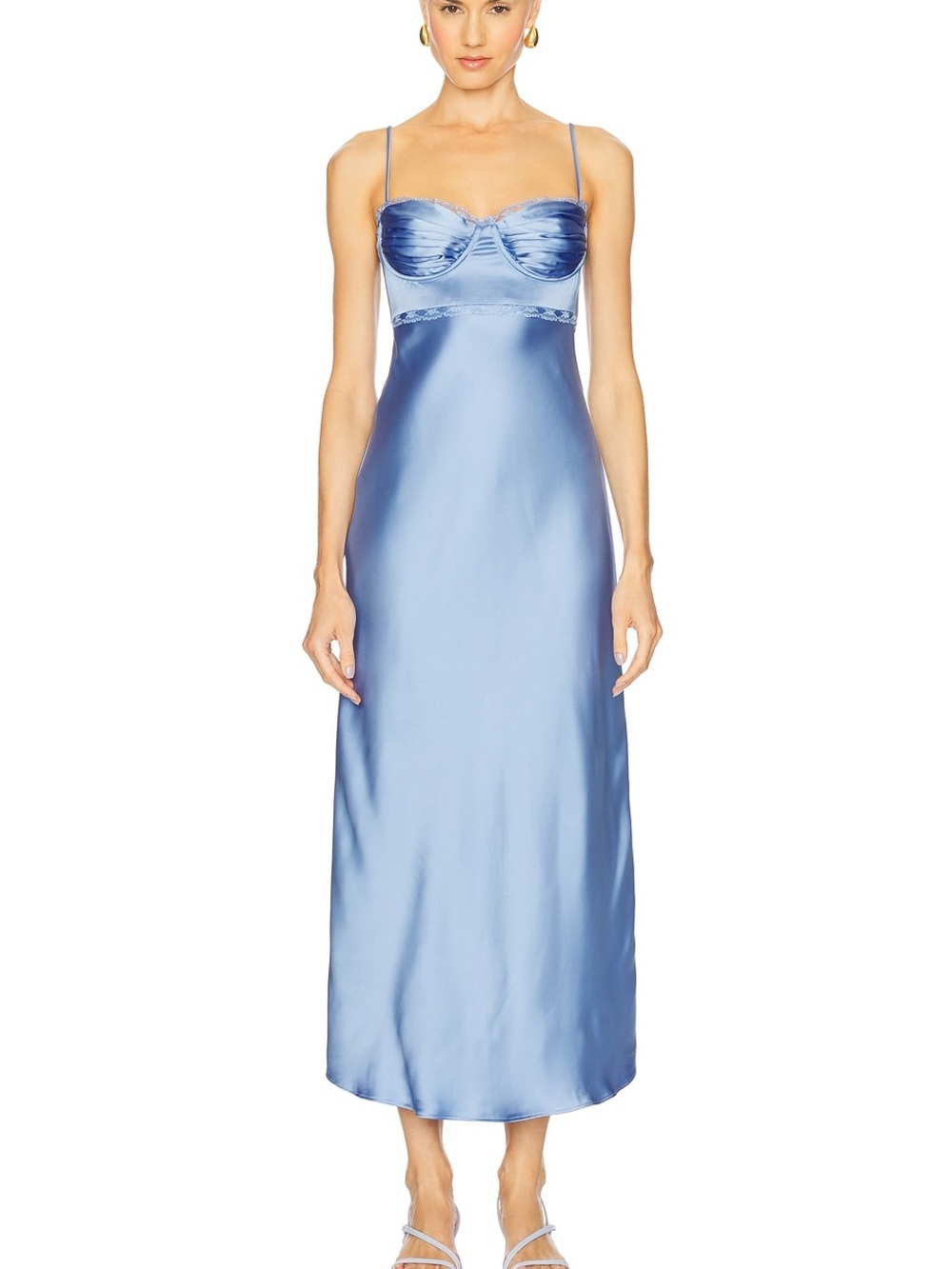 ASTR The Label Florianne Blue Satin Lace Trim Bustier Slip Midi Dress NWT L